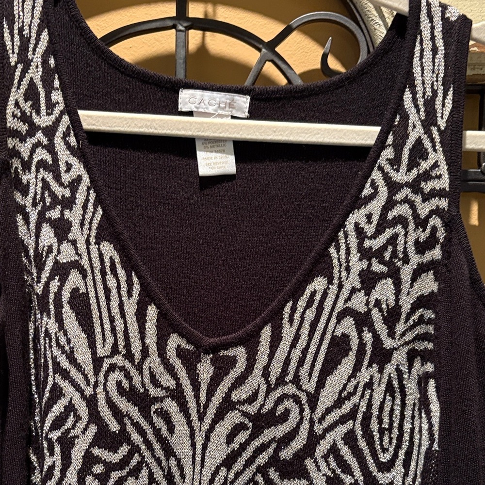 Cache Elegant Black and Gold Cold Shoulder Tunic Sweater